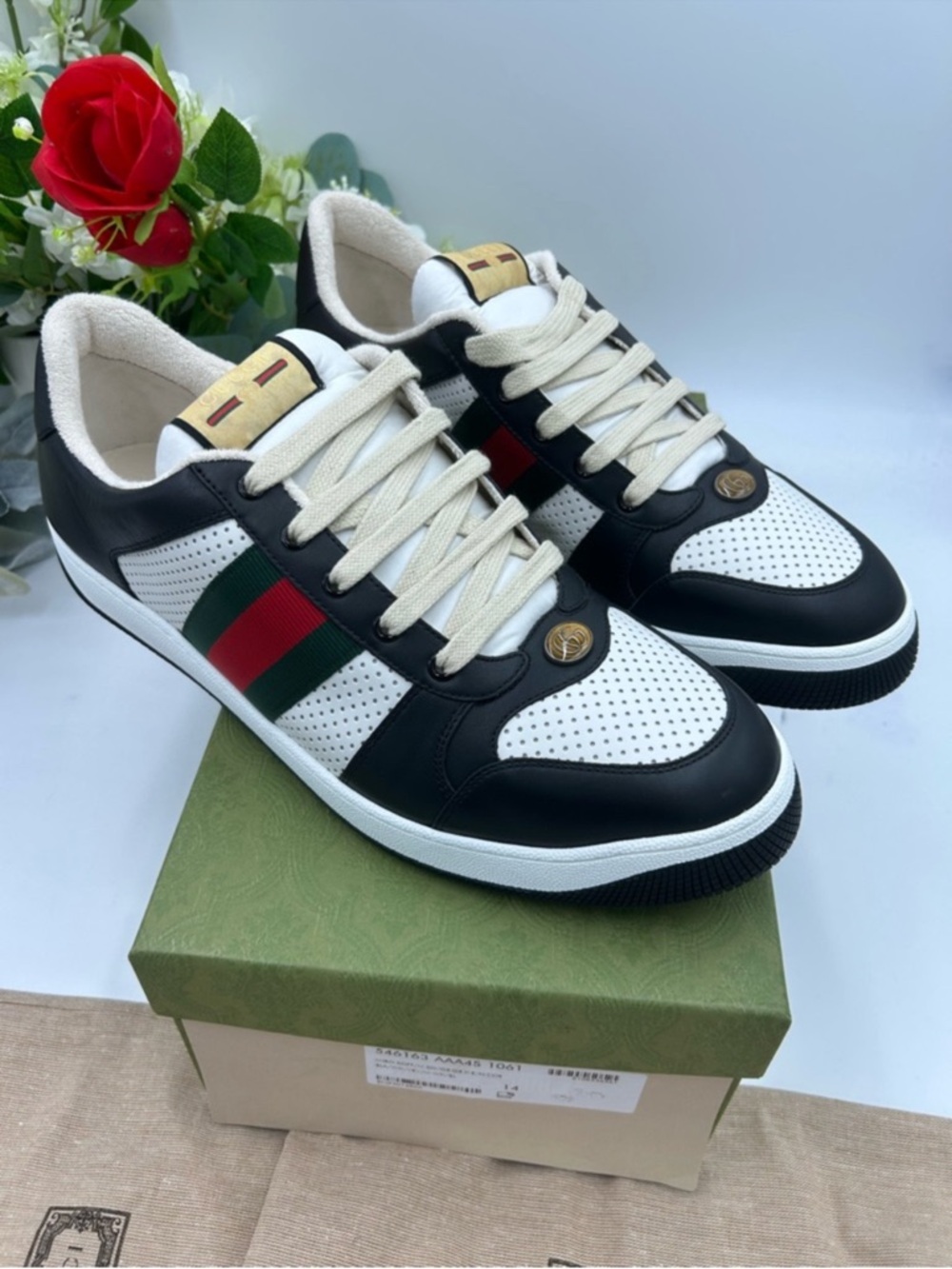Men’s Gucci screener low top leather black/white sneakers size 14 made in Italy
